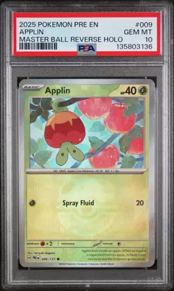 Pokemon Prismatic Evolutions Applin Master Ball Reverse Holo 009 PSA 10 - Image 1
