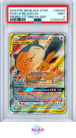 EVOLI & RELAXO GX PRM-T/T TINS-FA-GER. POKEMON SM BLCK STR PRM 2019 SM169 PSA 9 - Image 1