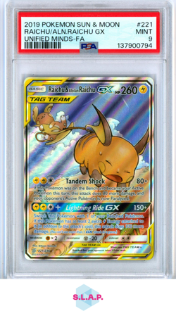 RAICHU/ALN.RAICHU GX UNIFIED MINDS-FA POKEMON SM UNIFIED MINDS 2019 221 PSA 9 - Image 1