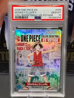 2026 One Piece EN P-055 Monkey D Luffy College Basketball US Voyage PSA 10 - Image 1