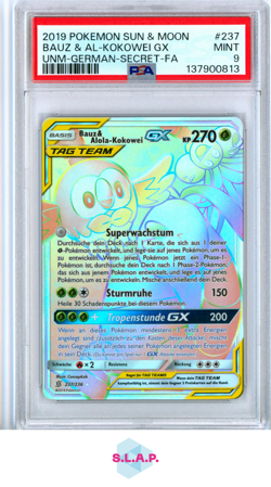 BAUZ & AL-KOKOWEI GX UNM-GER-SECRET-FA POKEMON SM UNIFIED MINDS 2019 237 PSA 9 - Image 1