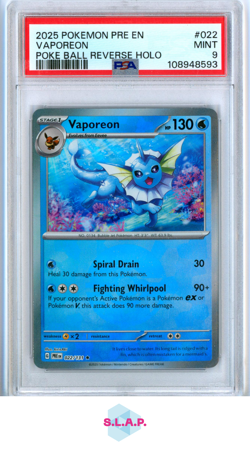 VAPOREON POKE BALL REVERSE HOLO POKEMON PRE EN-PRISMATIC EVO. 2025 022 PSA 9 - Image 1