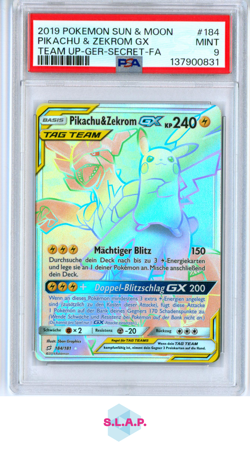 PIKACHU & ZEKROM GX TEAM UP-GER-SECRET-FA POKEMON SM TEAM UP 2019 184 PSA 9 - Image 1
