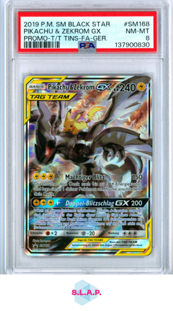 PIKACHU & ZEKROM GX PRM-T/T TINS-FA-GER. POKEMON SM BLCK STR 2019 SM168 PSA 8 - Image 1