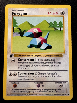 1st Edition Shadowless Porygon 39/102 Base Set Pokemon Card Rare MP - Image 1