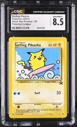 CGC 8.5 Surfing Pikachu 2001 Black Star Promos 28 Pokemon League Pokemon Card - Image 1