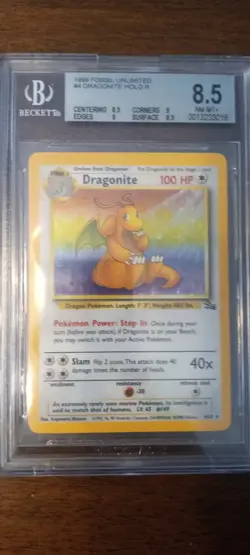 Pokemon Fossil Unlimited Dragonite Holo Beckett 8.5 Graded Cards 1999 - Image 1