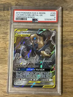 GRADED PSA 9 2019 Pokemon Sun & Moon Lucario & Melmet GX Unbroken Bonds #120 - Image 1