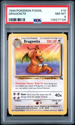 1999 POKEMON FOSSIL #19 DRAGONITE PSA 8 - Image 1