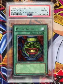 Pot of Greed LOB-119 PSA 8 1st Edition Legend of Blue Eyes Yu-Gi-Oh 2002 Vintage - Image 1