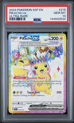 2024 POKEMON SSP EN-SURGING SPARKS ULTRA RARE #219 PIKACHU EX PSA 10 - Image 1