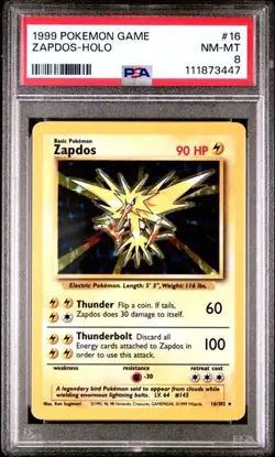 Zapdos 16/102 Pokemon TCG Base Set Unlimited Holo Rare PSA 8 NM-MT - Image 1