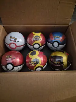 Pokemon TCG Costco 6x Pokeball Tins 18 Booster Card Packs Factory Sealed IN HAND - Image 1