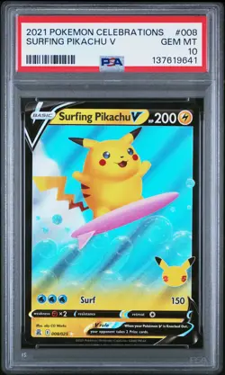 2021 Pokemon Celebrations #008 Surfing Pikachu V - PSA 10 - Image 1
