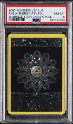 2002 POKEMON LEAGUE ENERGIZE YOUR GAME CYCLE RAINBOW ENERGY-REVERSE FOIL PSA 8 - Image 1