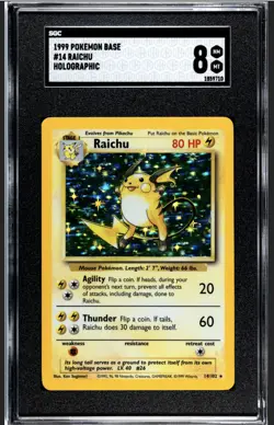 SGC 8 1999 Pokemon TCG Base Set Unlimited Raichu HOLO #14/102 NM-MT - Image 1
