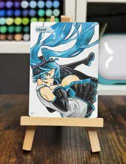 Hand Painted Altered Art Mtg land card Anime Island Girl Singer - Image 1