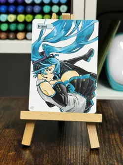 Hand Painted Altered Art Mtg land card Anime Island Girl Singer - Image 2