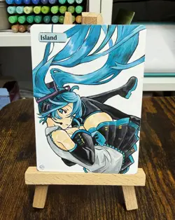 Hand Painted Altered Art Mtg land card Anime Island Girl Singer - Image 3