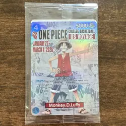 Bandai One Piece CCG Monkey.D.Luffy Promo Holo US Voyage College Basketball Card - Image 1