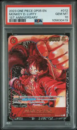 PSA 10 One Piece English 2023 OP05-012 MONKEY D LUFFY 1st Anniversary GEM MINT - Image 1