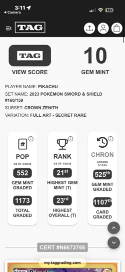Pokemon Pikachu 160/159 Crown Zenith Secret Rare Full Art TAG 10 Holo - Image 4