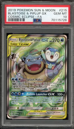 Pokemon Blastoise & Piplup GX Cosmic Eclipse Full Alt Art #215 PSA 10 Gem Mint - Image 1