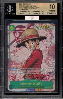 One Piece CCG Monkey.D.Luffy Carrying on His Will Alt Art OP13-118 BGS 10 - Image 1