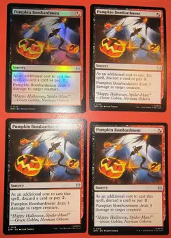 4X PLAY SET, MTG: SPIDER-MAN, PUMPKIN BOMBARDMENT, 0139, 1 FOIL & 3 REG FINISH - Image 1