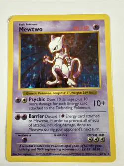 Pokemon Mewtwo Base Set Shadowless Holo Rare 60 HP 010/102 English Card - Image 1