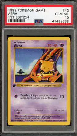 Pokemon Abra Base Set Shadowless 1st Edition #43 PSA 10 Gem Mint - Image 1