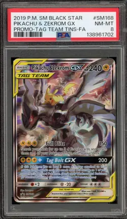 Pokemon Pikachu & Zekrom GX Tag Team Tins Black Star Full Art Promo SM168 PSA 8 - Image 1