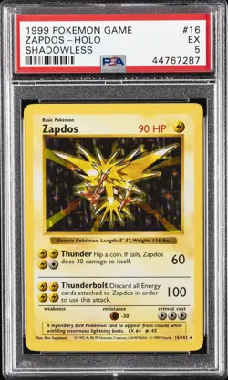1999 POKEMON BASE SET SHADOWLESS #16 ZAPDOS-HOLO PSA 5 - Image 1