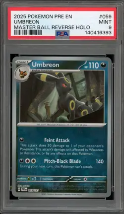 Pokemon Umbreon Prismatic Evolutions Master Ball Reverse Holo #059 PSA 9 Mint - Image 1