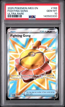 2025 Pokemon Mega Evolution #168 Fighting Gong PSA 10 Gem Mint Ultra Rare card - Image 1