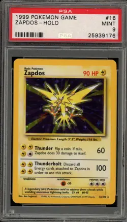 Pokemon Zapdos Base Set Unlimited Holo Rare #16 PSA 9 Mint - Image 1