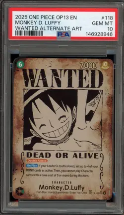 One Piece CCG Monkey.D.Luffy Wanted Alternate Art OP13-118 PSA 10 Gem Mint - Image 1