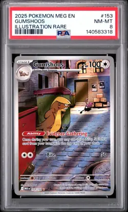 2025 Pokemon Mega Evolution #153 Gumshoos Illustration Rare PSA 8 NM Card Holo - Image 1