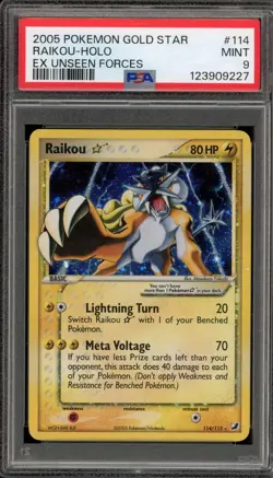 Pokemon Raikou Gold Star EX Unseen Forces Holo Ultra Rare #114 PSA 9 Mint - Image 1