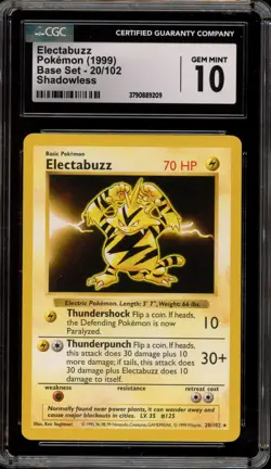 Pokemon Electabuzz Base Set Shadowless Rare #20 CGC 10 Gem Mint - Image 1