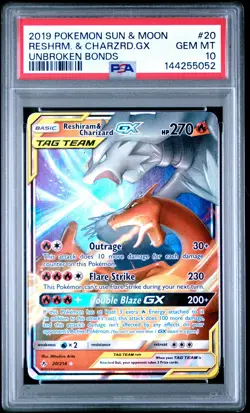 2019 POKEMON SUN & MOON UNBROKEN BONDS #20 RESHIRAM & CHARIZARD GX PSA 10 - Image 1