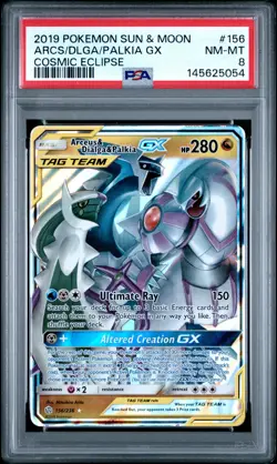 2019 POKEMON SUN & MOON COSMIC ECLIPSE #156 ARCEUS & DIALGA & PALKIA GX PSA 8 - Image 1