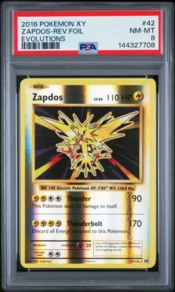 2016 POKEMON XY EVOLUTIONS #42 ZAPDOS-REVERSE FOIL PSA 8 - Image 1