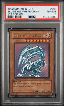 2002 YU-GI-OH! STARTER DECK: KAIBA 1ST EDITION #001 BLUE-EYES WHITE DRAGON PSA 8 - Image 1