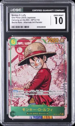 2025 ONE PIECE JPN SUPER RARE ALT ART #OP13-118 MONKEY D. LUFFY CGC 10 GEM MINT - Image 1
