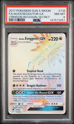 2017 POKEMON SUN & MOON CRIMSON INVASION #118 FULL ART/ALOLAN EXEGGUTOR GX PSA 8 - Image 1
