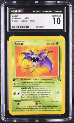 CGC GEM MINT 10 Pokemon Zubat 57/62 1999 Fossil 1st Edition - Image 1