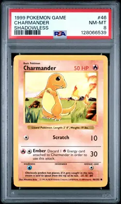 1999 POKEMON BASE SET SHADOWLESS #46 CHARMANDER PSA 8 - Image 1