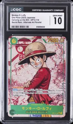 2025 ONE PIECE JPN ALT ART SECRET RARE #OP13-118 MONKEY D. LUFFY CGC 10 GEM MINT - Image 1
