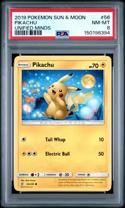 2019 POKEMON SUN & MOON UNIFIED MINDS #56 PIKACHU PSA 8 - Image 1
